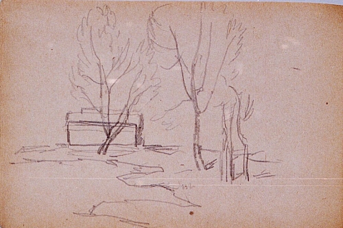 August Kutterer - Skizze einer Flusslandschaft mit Bootshaus