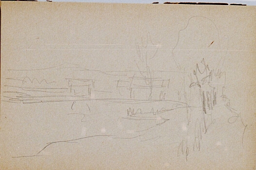August Kutterer - Skizze einer Flusslandschaft mit Bootshäusern