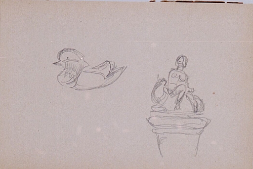 August Kutterer - Skizze einer Ente und einer Skulptur auf Sockel