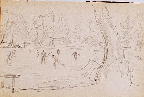 August Kutterer - Skizze von Schlittschuhläufern auf einem See