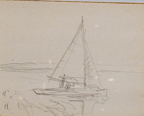 August Kutterer - Skizze eines Segelbootes im Wasser
