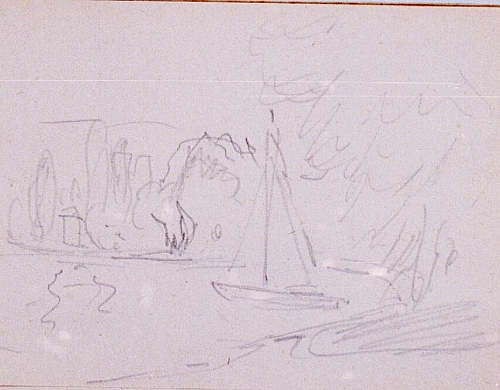 August Kutterer - Skizze einer Flusslandschaft mit Segelboot