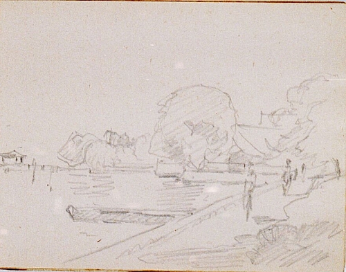 August Kutterer - Skizze einer Flusslandschaft mit Bootshäusern