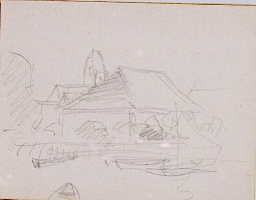 August Kutterer - Skizze eines Gewässers mit Dorf im Hintergrund