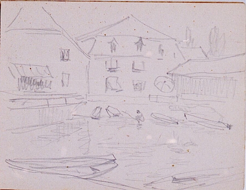 August Kutterer - Skizze von Häusern um Bade- und Anlegestelle