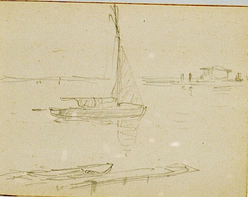 August Kutterer - Skizze eines Segelboots und einer Anlagestelle