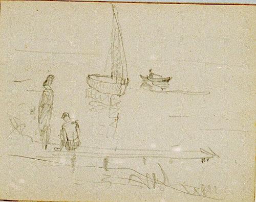 August Kutterer - Skizze einer Anlegestelle mit Badenden und Segelboot im Waser