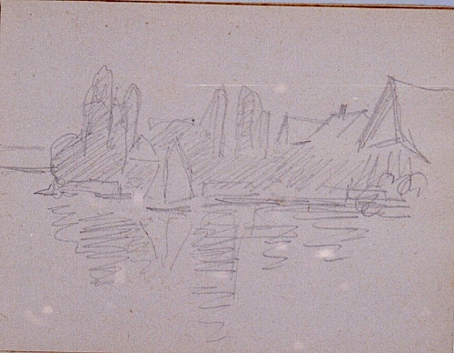 August Kutterer - Skizze einer Uferlandschaft mit Häusern und Booten