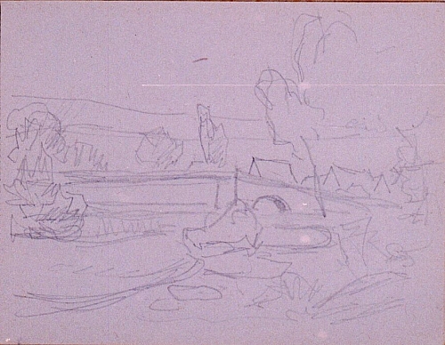 August Kutterer - Skizze einer Flusslandschaft mit Brücke