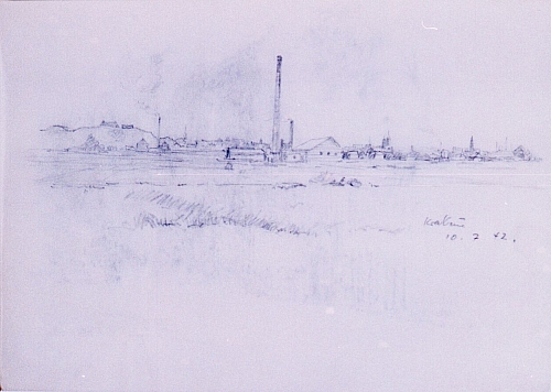 August Kutterer - Skizze einer Landschaft mit Industrie und Stadtkulisse, Krakau