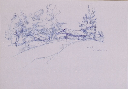 August Kutterer - Skizze einer Landstraße mit Bauernhaus, Lubny