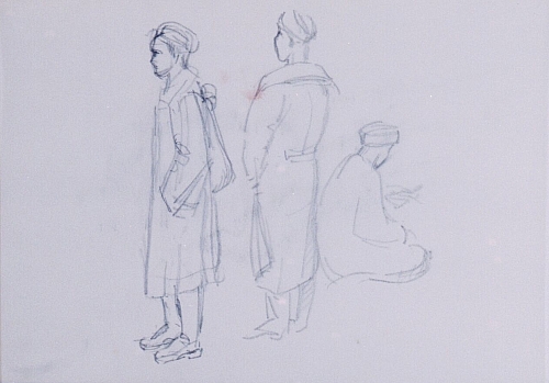 August Kutterer - Skizze dreier Personen, zwei stehend, eine sitzend