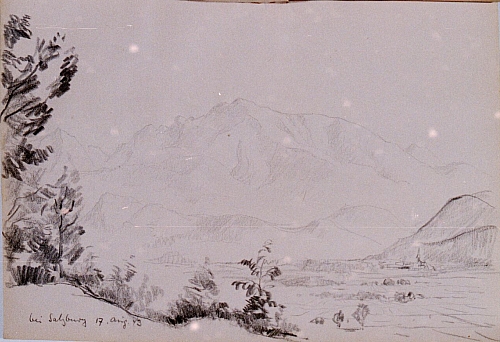 August Kutterer - weite Landschaft mit Berg im Hintergrund