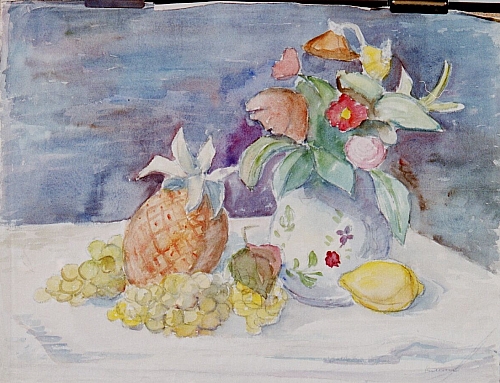 August Kutterer - Stilleben mit Ananas, Trauben, Zitrone und gefüllter Blumenvase