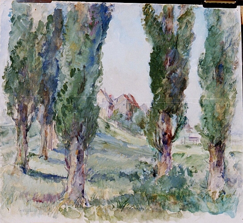 August Kutterer - Wiese mit Bäumen und Dorf in Hintergrund, Daxlanden