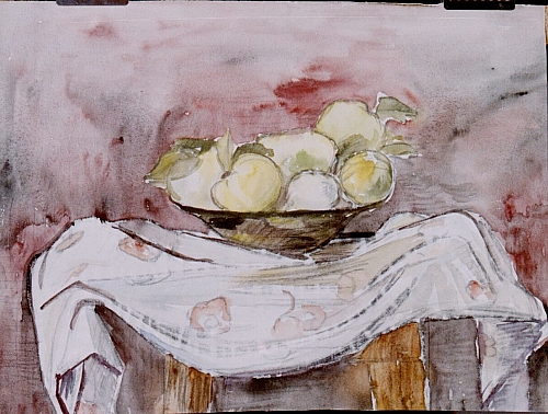 August Kutterer - Obstschale mit Äpfeln auf Tisch mit Tischdecke