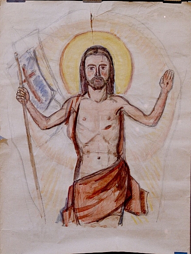 August Kutterer - Christusfigur mit Fahne und Nimbus, Halbfigur