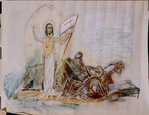 August Kutterer - Christusfigur mit Fahne und Gestalten