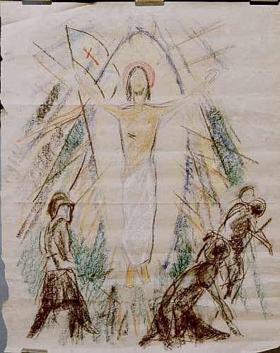 August Kutterer - Christusfigur mit Fahne und Gestalten zu seinen Füßen
