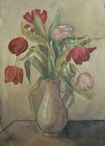 August Kutterer - Stilleben mit Blumenvase mit roten und lila Tulpen