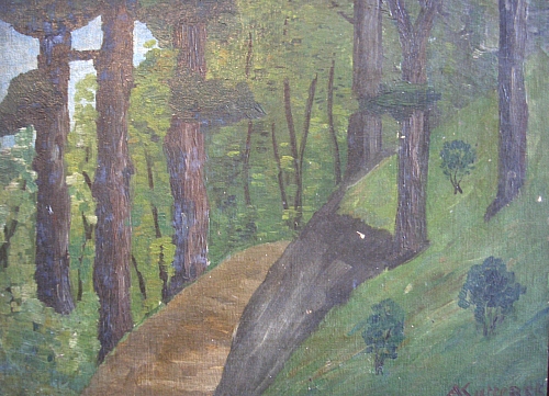 August Kutterer - Waldweg an einem Hang zwischen hohen Bäumen