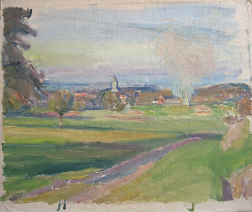 August Kutterer - Landschaft mit Wiesen und Feldern, Dorf im Hintergrund