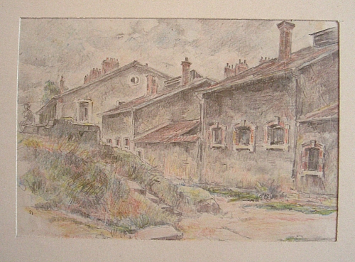 August Kutterer - Häuserzeile mit Grashügel und Steinstufen im Vordergrund, Baccarat