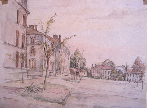 August Kutterer - großer Platz mit Bäumen umgeben von Häusern, Baccarat