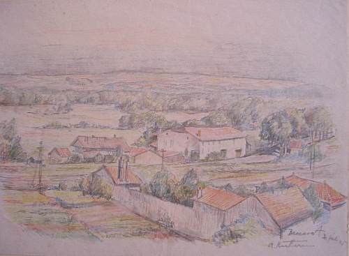 August Kutterer - Blick über weite Landschaft mit einzelnen Häusern im Vordergrund, Baccarat