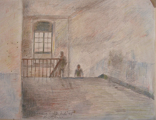 August Kutterer - oberster Absatz eines Treppenhauses mit zwei Menschen auf der Treppe, Baccarat
