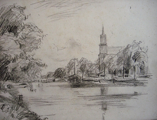 August Kutterer - Flusslandschaft mit Kirche am Ufer