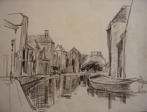 August Kutterer - Wasserstraße mit Boot und kleinen Häusern am Ufer