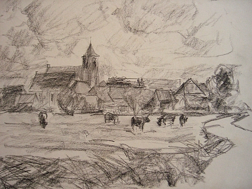 August Kutterer - Weidelandschaft mit Kühen am Dorfrand mit kleiner Kirche