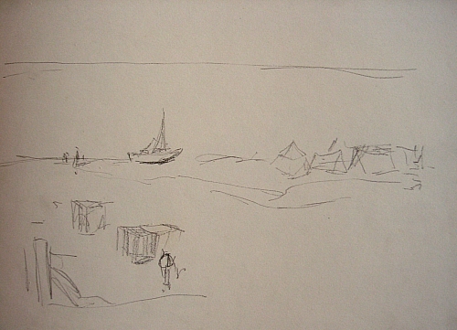 August Kutterer - Strand am Meer mit Zelten und Segelboot
