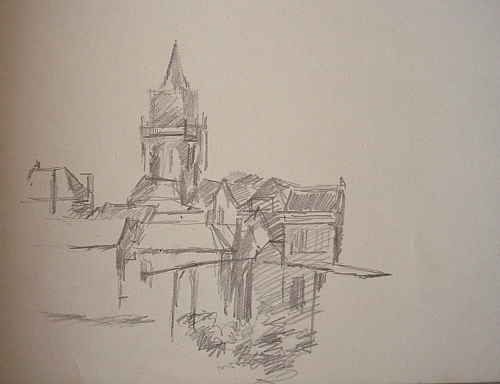August Kutterer - Skizze eines Kirchturm zwischen Hausdächern