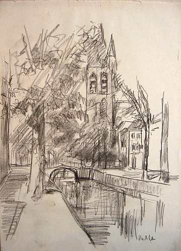 August Kutterer - Wasserstraße mit Brücke und Kirche am Ufer, Holland, Delft