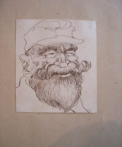 August Kutterer - Künstler Albertus:
<br> Portrait eines Mannes mit großem Bart und Soldatenmütze
<br>