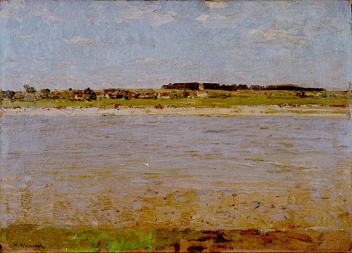 August Kutterer - Künstler V. Weishaupt:
<br>breiter Flusslauf mit Wiesen und Dorf im Hintergrund,Donaudorf
<br>
<br>
<br>