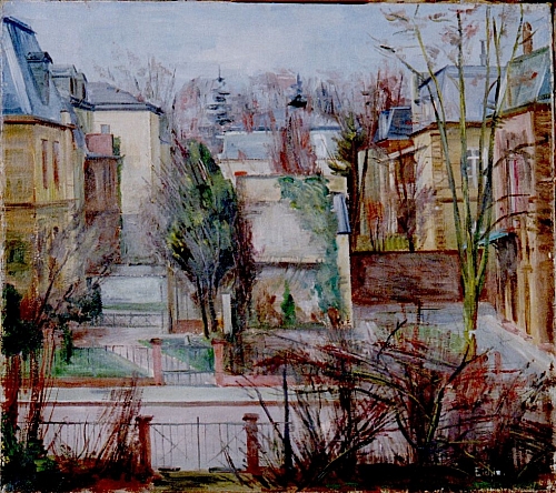 August Kutterer - Künstler Max Eichin:
<br>Blick auf kleinen Platz mit Häusern, Karlsruhe, aus dem Atelier der Akademie.
<br>
<br>