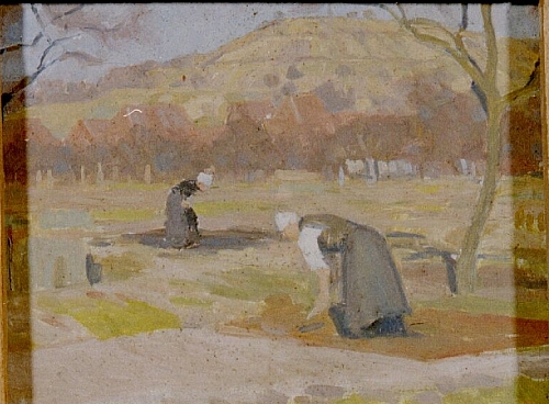 August Kutterer - Künstler Hendrik Koehler. Bäuerinnen auf den Feldern, Dorf im Hintergrund
<br>