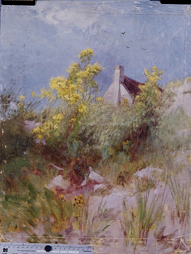 August Kutterer - Künstler Stratmeier:
<br>Blick hinauf durch Wiesen auf kleines Haus
<br>