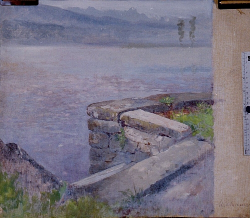 August Kutterer - Künstler Stratmeier:
<br>steinerne Treppe in einen Fluss, Berge am anderen Ufer
<br>