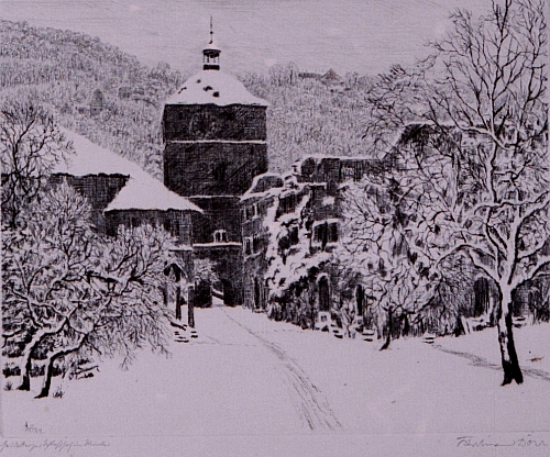 August Kutterer - Künstler Ferdinand Dörr
<br>Schloßhof im Winter
<br>verschneite Straße zwischen Bäumen zu hohem Turm
<br>
<br>