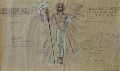 August Kutterer - Entwurf einer Kirchenbemalung: Christusdarstellung mit Text und Maße der Größe