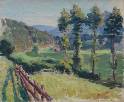 August Kutterer - Landschaft mit Zaun und Bäumen