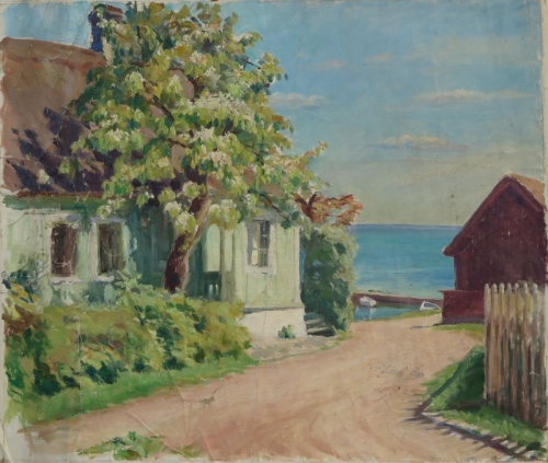 August Kutterer - Haus mit blühendem Baum und Straße am See