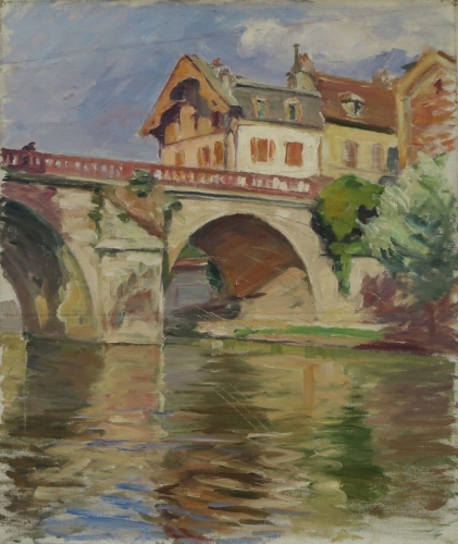 August Kutterer - Brücke über Fluß mit Häuser