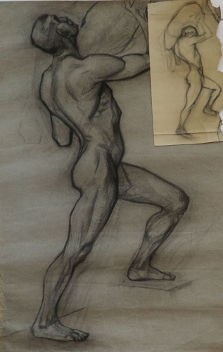 August Kutterer - Studie eines männlichen Akt, Rückenansicht, Skizze, zweites Bild im Bild