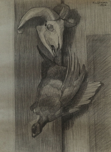August Kutterer - Studie eines Schädelskeletts von einem Widder, darunter toter Vogel hängend, Skizze