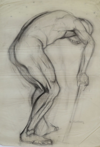 August Kutterer - Studie eines männlichen Akt, Skizze, in gebeugter Haltung mit Stock
